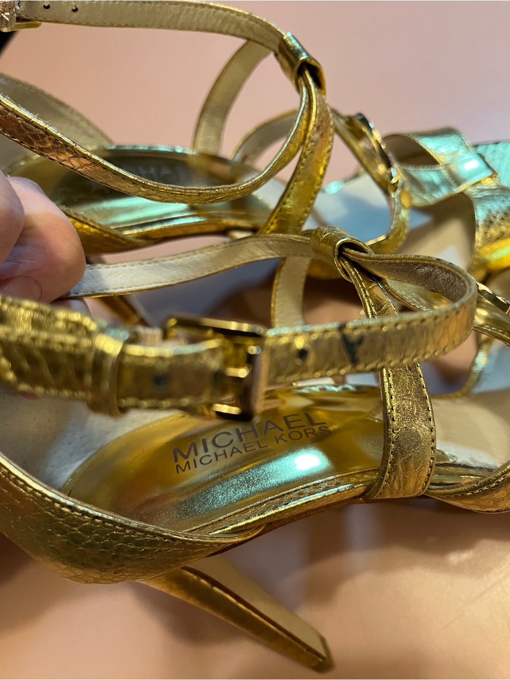MIchael Kors Gold snakeskin print Metallic Strappy High Heels - Picture 9 of 13